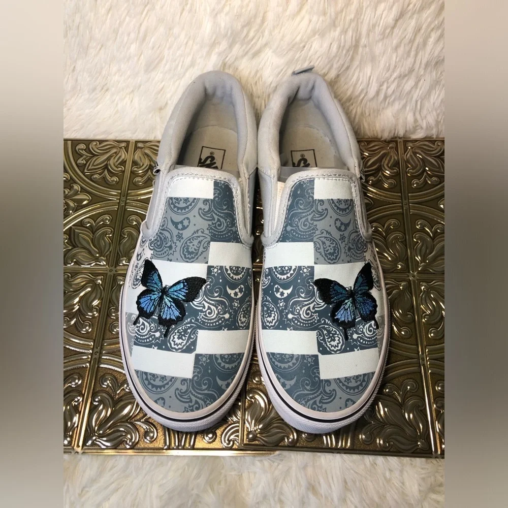 Vans Slip-On Patchwork Sneakers - White and Blue with Butterfly Missy 5 - Picture 3 of 16